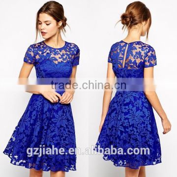 2016 Jiahe Factory latest fashion design,short sleeve,knee length dress,round collar,party ladies midi dresses