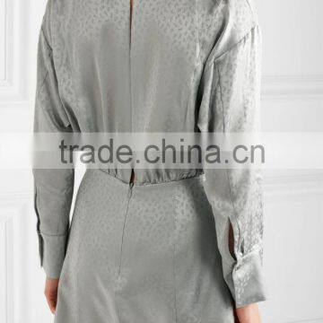 Latest Metallic Gray-green Long Sleeve Wrap Effect Silk-Jacquard Mini Dress Design Pictures Names Of Ladies Dresses HSD5932 photo-3