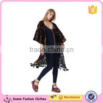 colourful burnout velvet high quality fabric women kimono cardigan with tassel hem detail