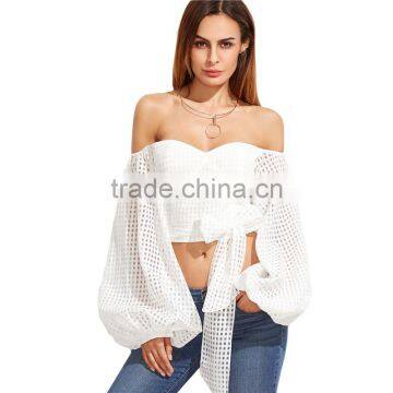 Ladies Sexy Slim Off Shoulder Blouses White Oversize Lantern Sleeve Belted Eyelet Top Blouse photo-2