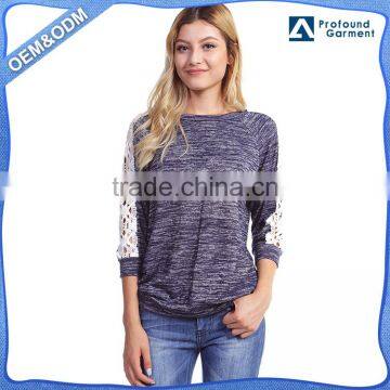 Custom knit crochet lace raglan two-color long sleeve t-shirt for women