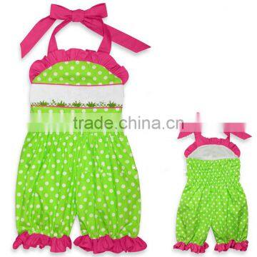 Smocked girls bubble green polka dot kids divided skirt lime green with white dot &hot pink plain cute baby romper