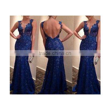 wholesale alibaba Instyles women 2015 Lace V-neck Prom Dress Blue Backless Evening Dresse