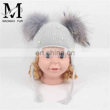 Wholesale Double Raccoon Fur Poms Cap Kids Hat With Fur Pom Pom