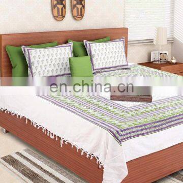 Block Print White Green Rajasthani Double Bedsheet