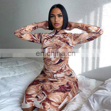 LAITE D2202 Autumn&winter Fashion Bodycon Printed Women Causal Dresses Ladies Pleated Printed Dresses photo-3