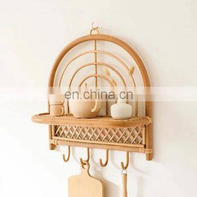 Hot Sale Rattan Wall Shelf Rack With Hook Wall Decoration Vintage Rainbow Rattan Wall Hooks Wholesale Vietnam Supplier