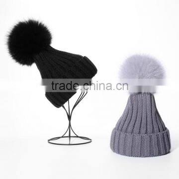 Wholesale Fashion Ladies Printed Real Fur Detachable Pom Pom Beanie Cap