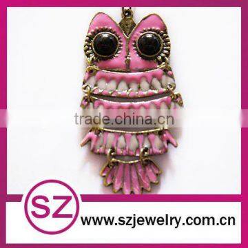 Pink enameled owl pendant necklaces jewelry wholesale 2014