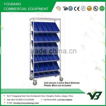 Hot sell NSF 36x14 inch light duty 7 layer chrome slant storage shelf without bin box and with castor (YB-WS033)