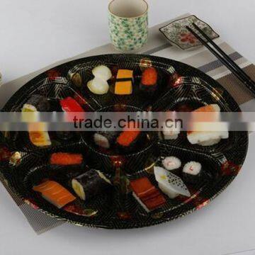 13" round embossing sakura PS plastic 6 compartment disposable food tray