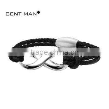 2015 wholesale black braided blank bio magnetic leather bracelet with number eight steel accessories