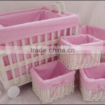 Willow Small pull cart with wheels and basket with ining set of 6