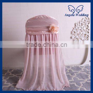 CH046D cheap wedding chiffon and satin flower decorated universal ruffled blush pink banquet chair cover