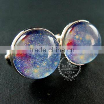 20mm Silver Plated Blue Galaxy Universe Art Collage Round Glass Cabochon Fashion Cufflinks Wedding Cuff Link Gift 6600057 photo-2