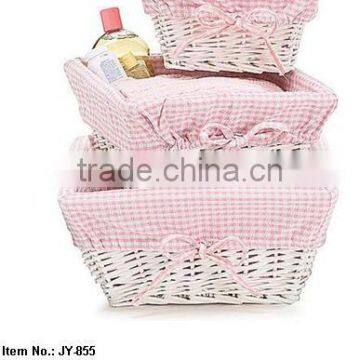 willow White rectangular wicker basket with Pink fabric Lining