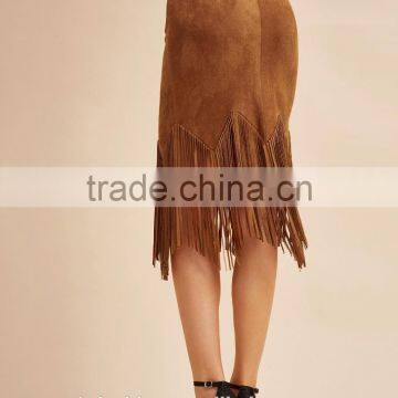 Latest Long Skirt Design Suede Fringe Trim Bodycon Skirt Ladies Designer Suits Skirt photo-3