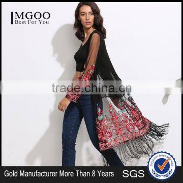 Women Long Sleeve Fashion Beachwear See Through Chiffon Long Fringe Mesh Kimono With Floral Print