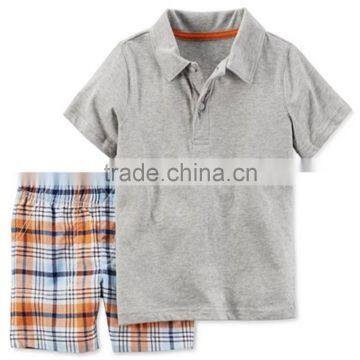 100% Ctn, Children Boys Set, PK Polo with Self Fabrics Collar and Short Pant with Stripe Woven Fabrics