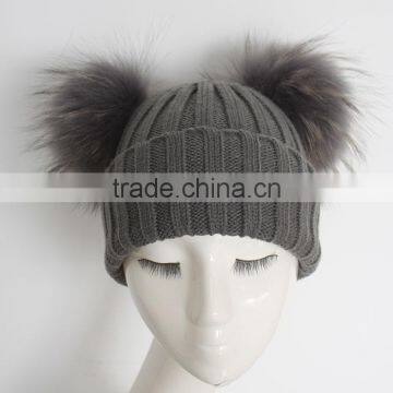 Myfur Dark Grey Wool Knitting Hat With Detachable Raccoon Fur Pom Poms photo-4