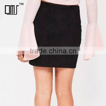 Side Zipped Embroidered Black Suede Stretchy Tight Mini Pencil Skirt