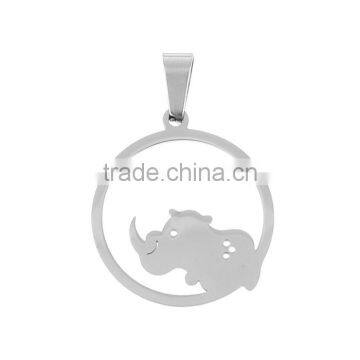 Stainless Steel Cut Out Pendants Rhinoceros Silver Tone Round