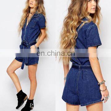 New design denim rompers with zip front and belt jumpsuits for women 2016