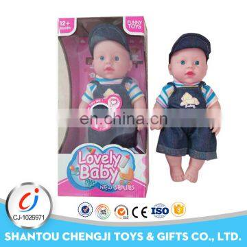 Funny 14 inch made in china soft plastic cute baby boy doll