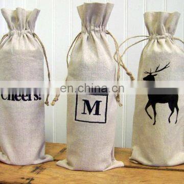 Wholesale flat linen wine or liquor bottle bag with drawstring