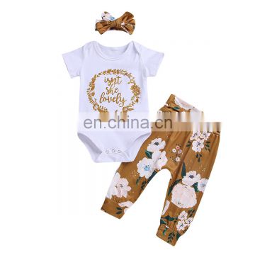 Newborn Baby Girls Boys Clothes Sets 3pcs Print Short Sleeve Romper+Pants Headband