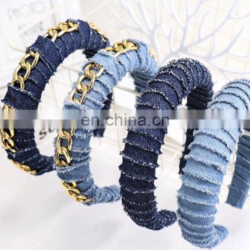 2021 European denim art headband gold chain decoration new 3cm 4cm thick winding sponge headband