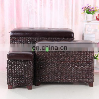 Foot Stool Storage Ottoman Bench 3 Piece Leather Cube Storage Stool Rattan Bulrush Upholstery Weave Frames Seating