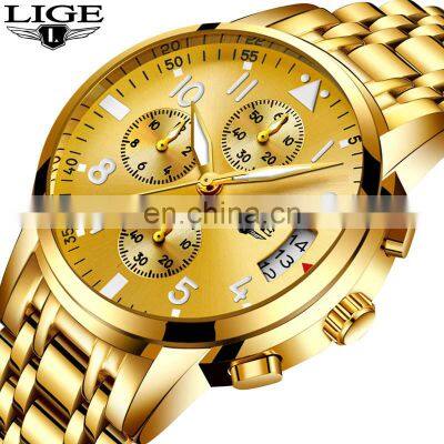 LIGE 9825 Mens Watches Top Brand Men's Gender Quartz Sport Full Steel Waterproof Gold watch