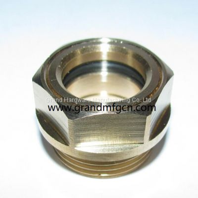 Gasketed compressor oil sight glass with borosilicate glass and stainless steel reflector