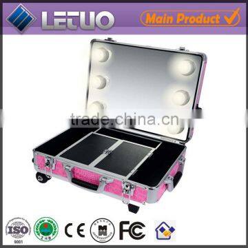 Pro Makeup Studio Portable Aluminum Lighted Mirror Case with Rolling Trolley Pink