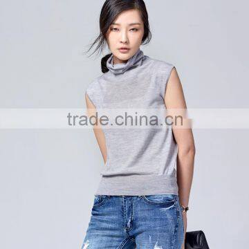 JS-11012 three colors in-stock turtle-neck sleeveless wool sweater design for women