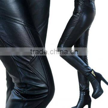 2015 elegant fashion ladies tight black stretch leather pants