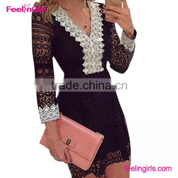 Black sexy long sleeve V neck pencil dress women