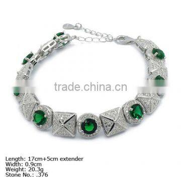 [BZ4-0017] 925 Silver Bracelet with CZ Stones Green CZ Color Bracelet Heavy Sterling Silver Bracelet