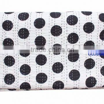 Indian Handmade Quilt Queen Kantha Bedspread Cotton Blanket Gudari Black Dots Quilt