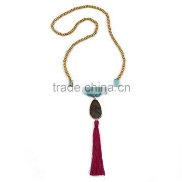 Original Blue Turquoise Ecru Wood Beads Natural Agate Long Tassel Necklace