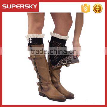 C02 Wholesale Black Dainty Lace Knitted Lace Boot Cuffs with Buttons Short Lacy Leg Warmers