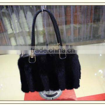 Genuine Leather Black Color Mink fur handbag real fur lady shoulder bags