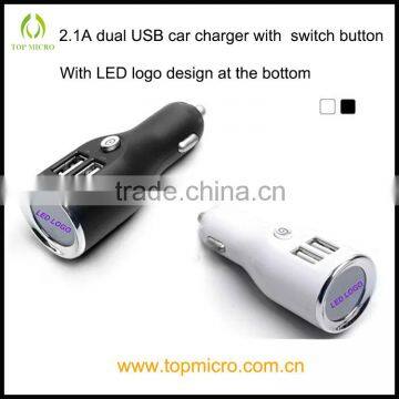 Wholesale 2.1A Dual USB LED Logo Design With Switch Button Phone Car Charger