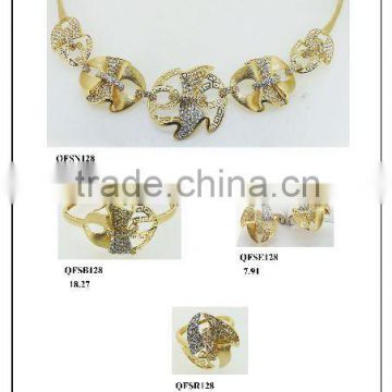 QF128 gold jewelry necklace,bangles,earrings&ring set from manufacturer,wholesale 18k solid gold jewelry with CZ