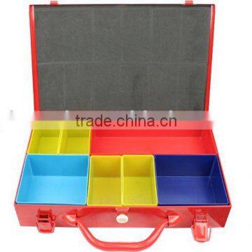 Portable storage case with plastic organization bins