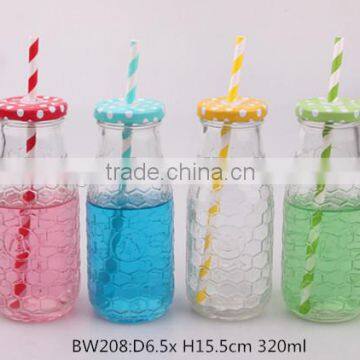 320ml glass milk bottle with metal lid and color paper straw