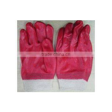 red PVC glove, knit wrist, interlock line, smooth finish