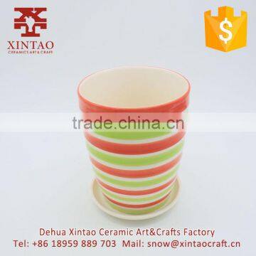 Wholesale glazed colorful strip decal ceramic flower pot with saucers