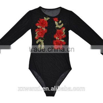 Long Sleeve Jumpsuit Lingerie Sexy Tank Top Women Tops Crop Top Embroidery Transparent T-shirt Undershirts Conjoined Underwear